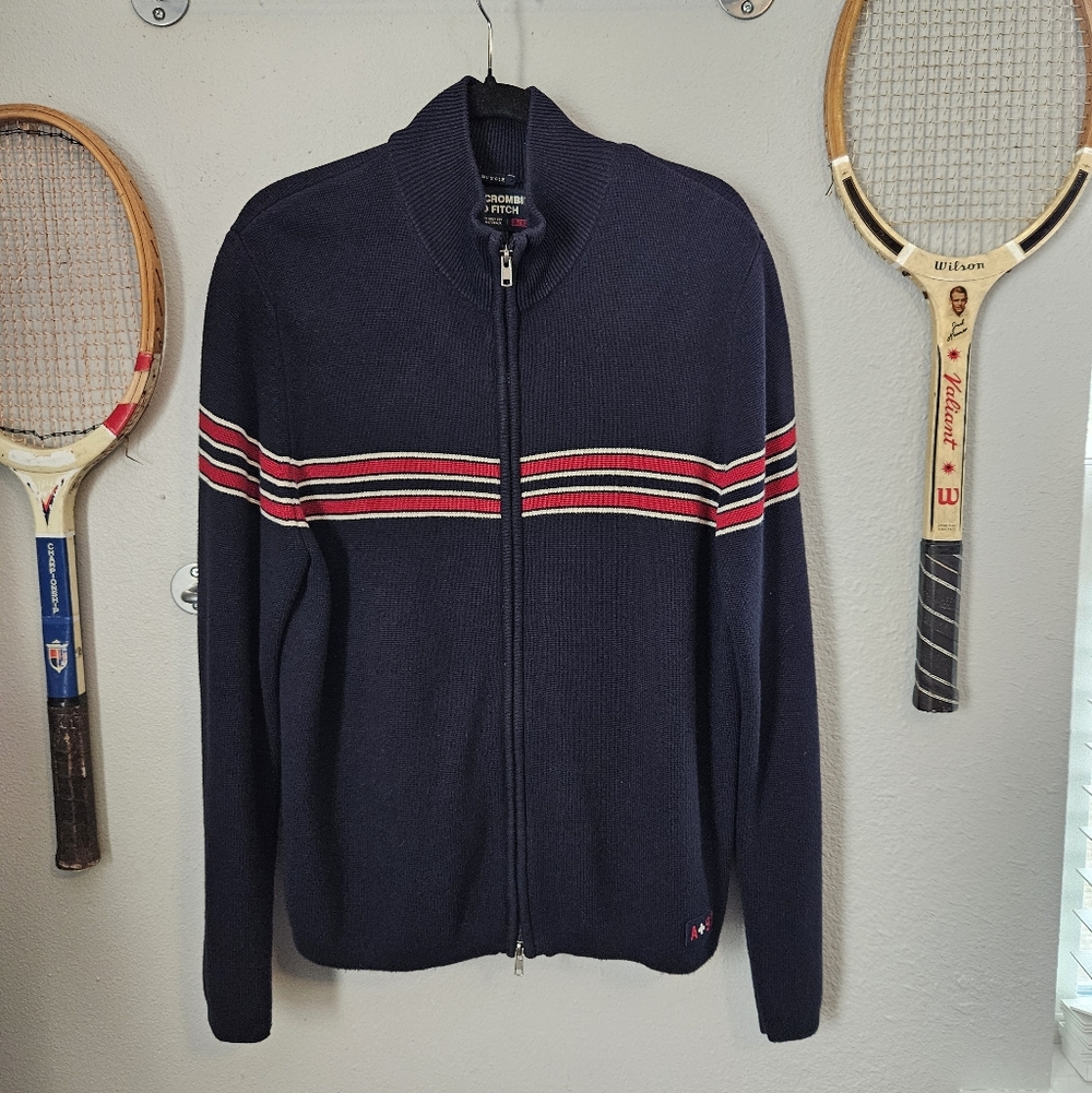 Vintage Abercrombie & Fitch Muscle Zip-Up Knit Sweater Navy Red Stripe Size L